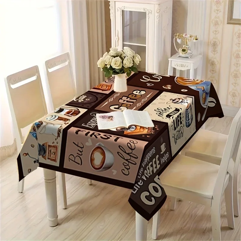 1 piece of coffee-colored square tablecloth with white patterns. Suitable for family, kitchen, dining room and parties.xzj