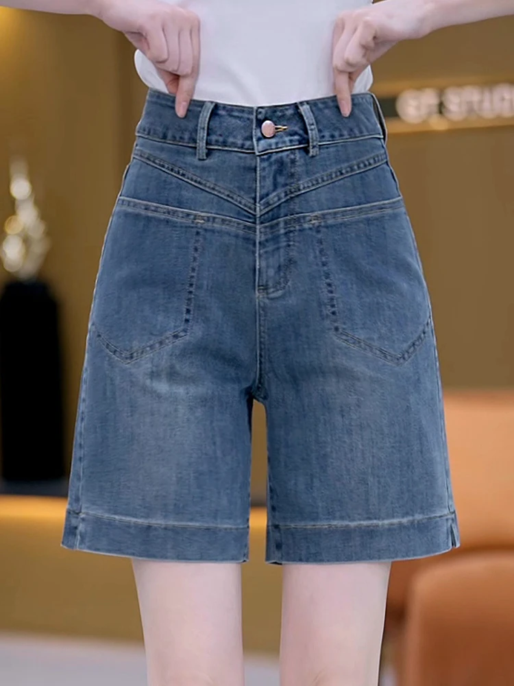 

Summer Thin Denim Shorts Women's High Waist Loose A-Line Wide Leg Pants Five-Quarter Length Slimming Effect Casual Cotton Blend
