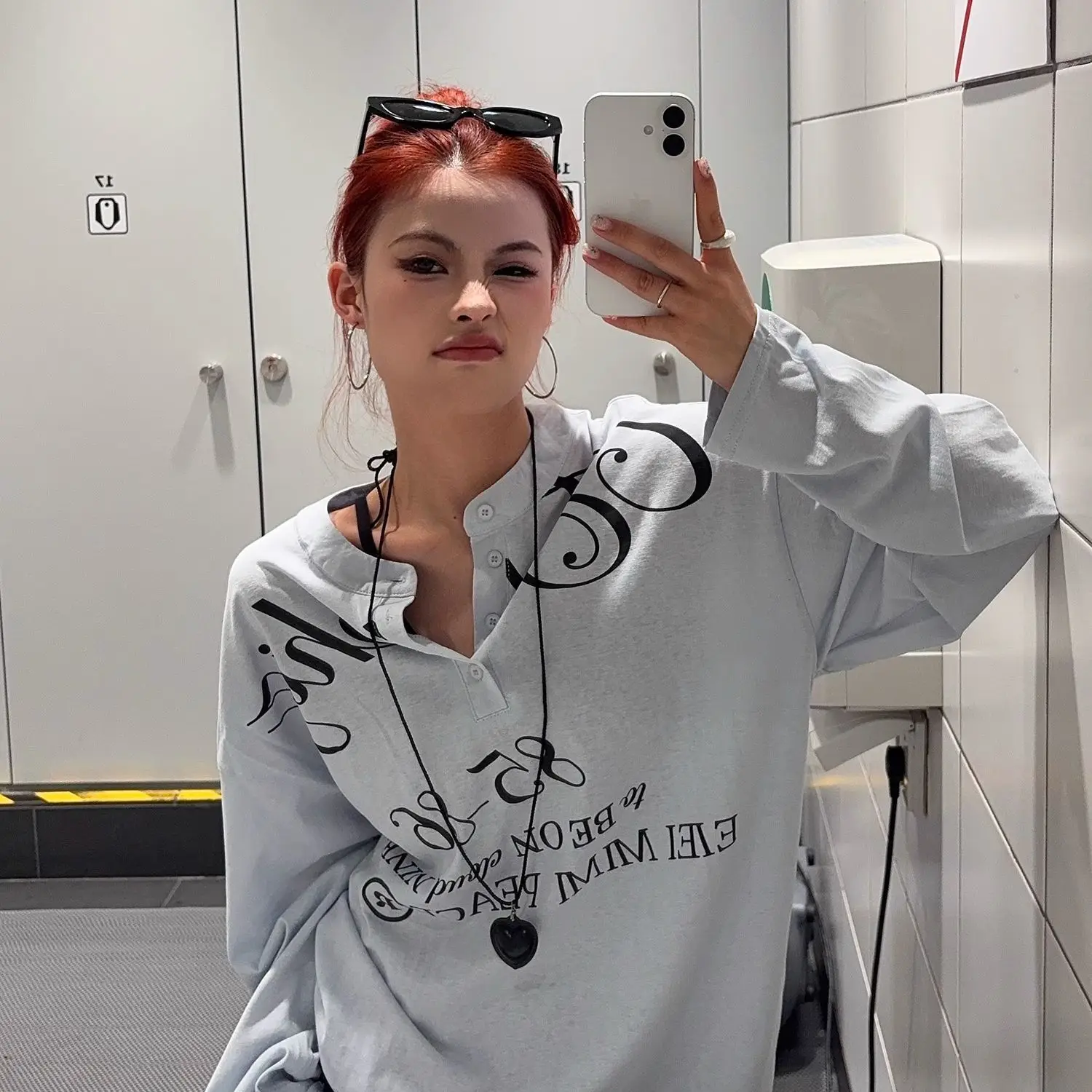 

American Retro Letter Printing Button Long-Sleeved T-Shirt Women Spring Summer New Lazy Style Niche Design Loose Top