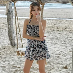Women Bikini High Waisted Push up Neck Hanging with Cover Up Dress Retro Printed 3 Piece Swimwear Beach Wear