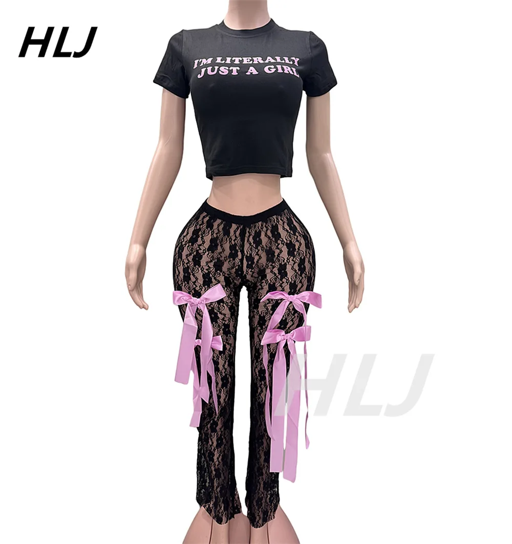 HLJ Fashion Y2K Streetwear Women Letter Print O Neck Slim Crop Top And Mesh Sheer Bow Skinny Pants Two Piece Sets Outfits 2024