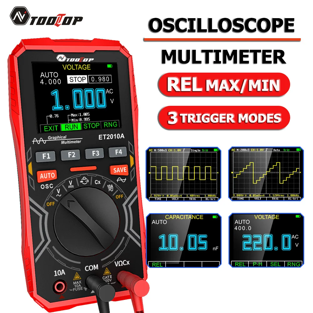 TOOLTOP ET2010A Handheld 2.5Msps 1MHz Oscilloscope Multimeter REL MAX/MIN Test 4000 Count AC/DC 600V Multimeter Car Repair Tools