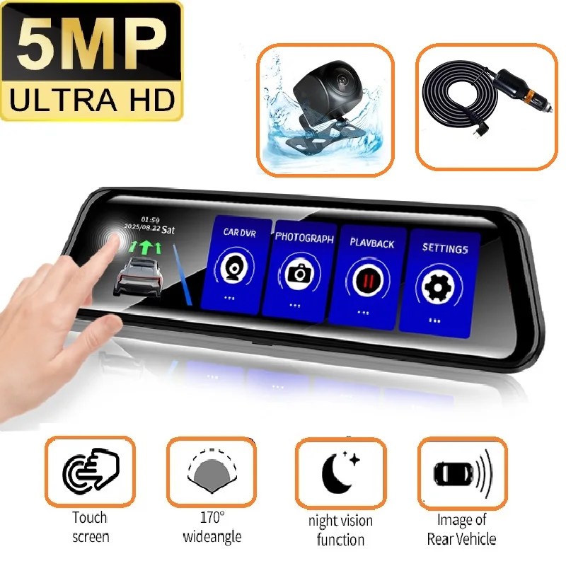 Cámara de espejo de 5MP para coche, grabadora de vídeo con pantalla táctil, espejo retrovisor Dashcam DVR, caja negra opcional, lente Dual DVR, cámara de salpicadero retrovisor
