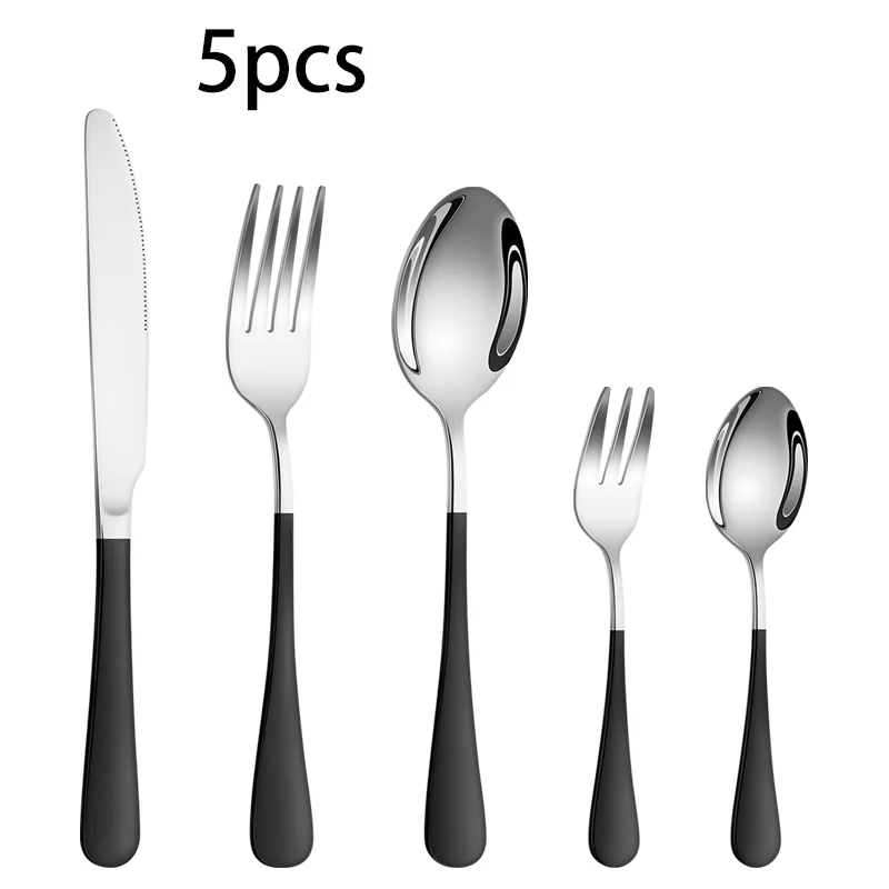 5/30pcs Stainless Steel 1010 Cutlery Set with Silver Black Handle, including Knife, Spoon and Fork, Suitable for Daily Meals.