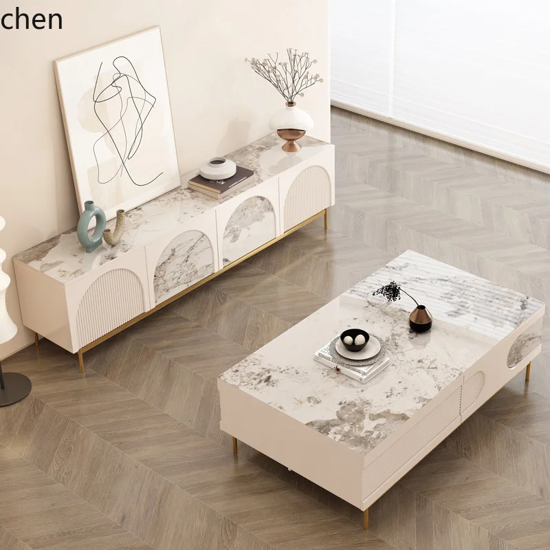 HT TV Cabinet and Coffee Table Set for Villa Living Room, Cream Style Rock Board Storage Floor Cabinet