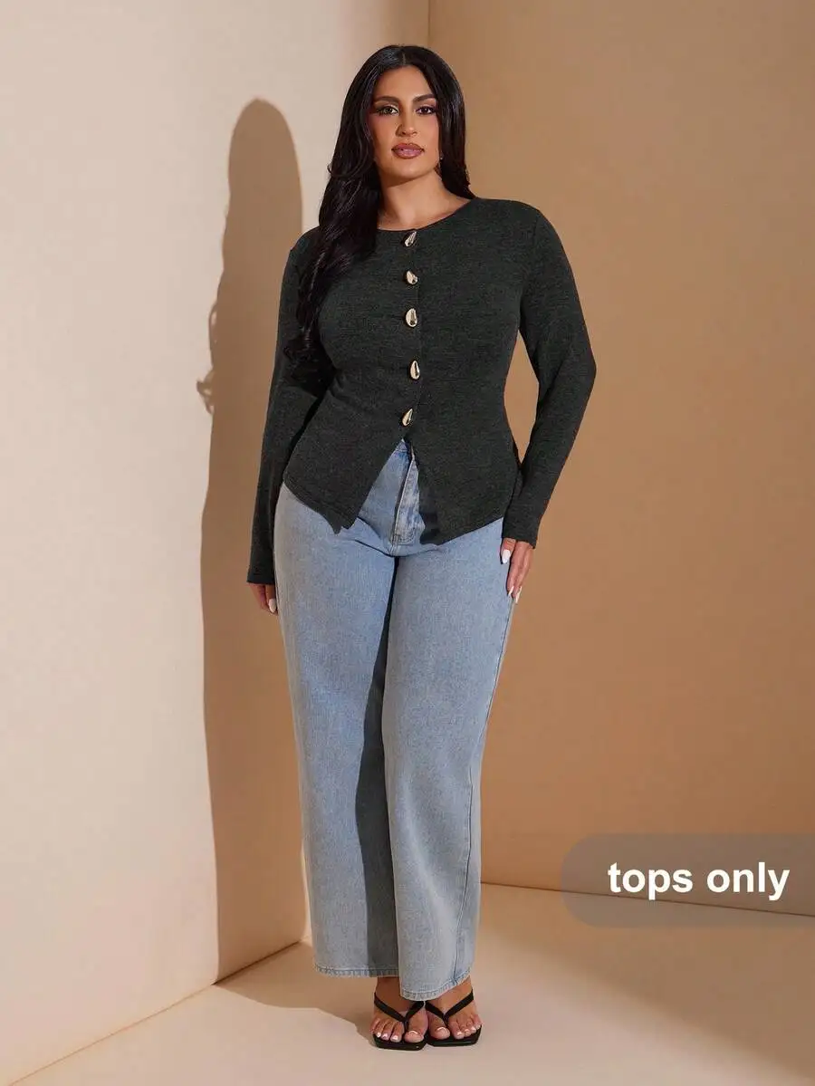 

Женская трикотажная блузка больших размеров с длинными рукавами и пуговицами спереди, повседневная блузка с круглым вырезом