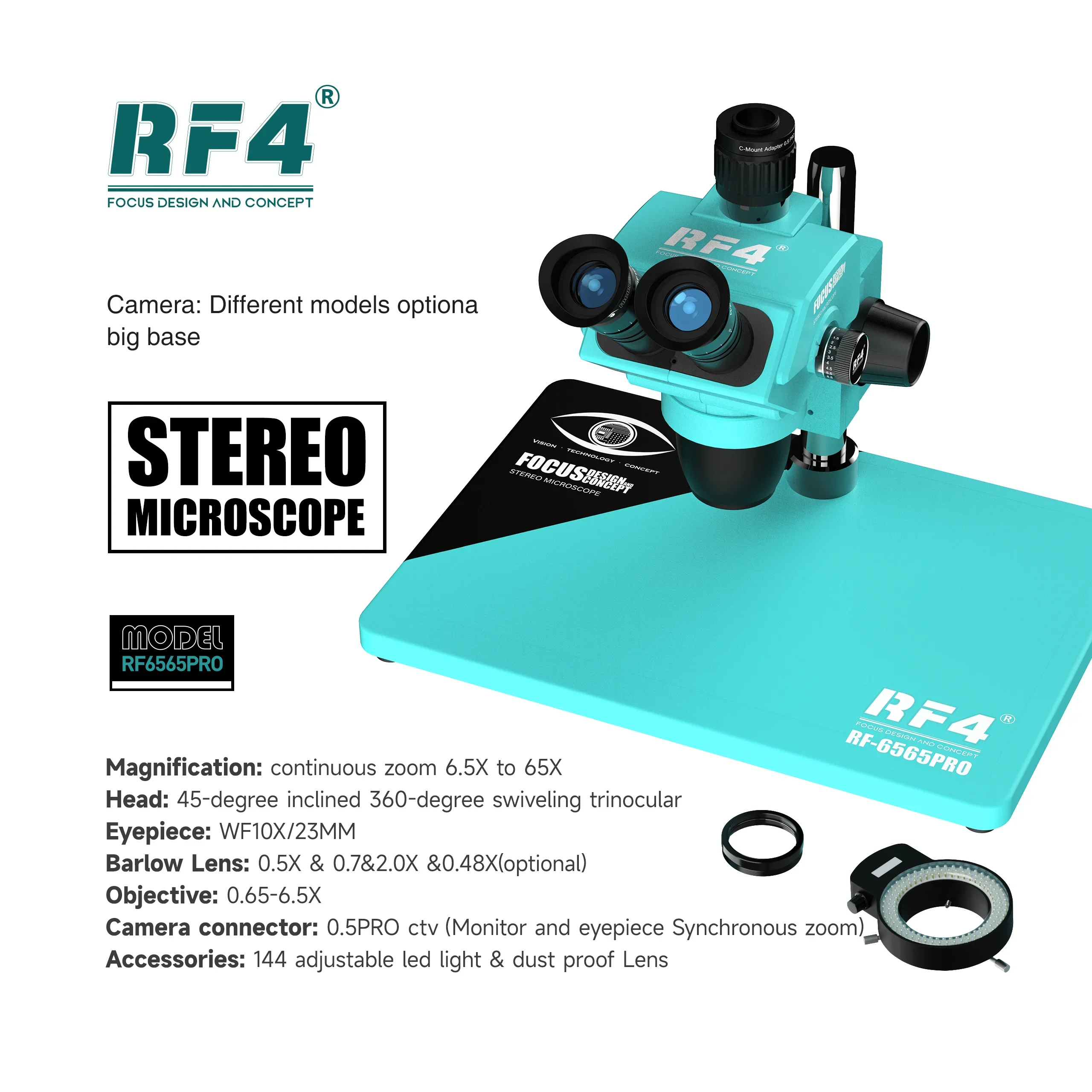 RF-6565PRO HD Trinocular Stereo Microscope  Nine-speed Zoom Lock Key, Eyepiece Adjustable，Multi-layer Lens Dust Structure