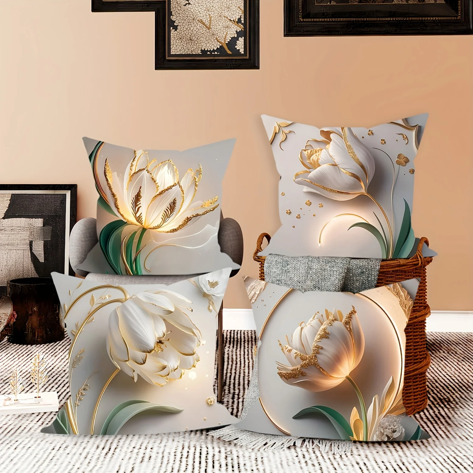 4 Pcs Spring Glitter Tulip Print Pillow Covers – Modern Luxe Gold Design for Living Room Sofa & Bed Cushion Decor, Home Styling