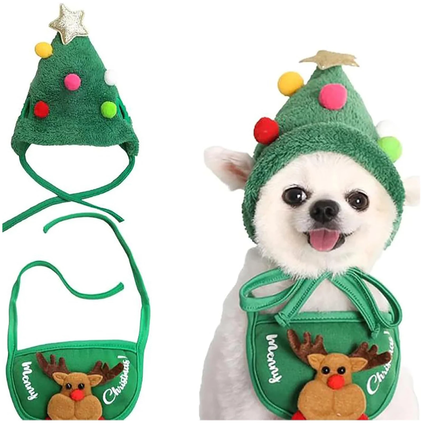 Christmas Tree Pom-Pom Hat, Dog Santa Hat, Dog Christmas Hat, Funny Soft Pet Hat for Dogs, Christmas Velvet Headdress Hat