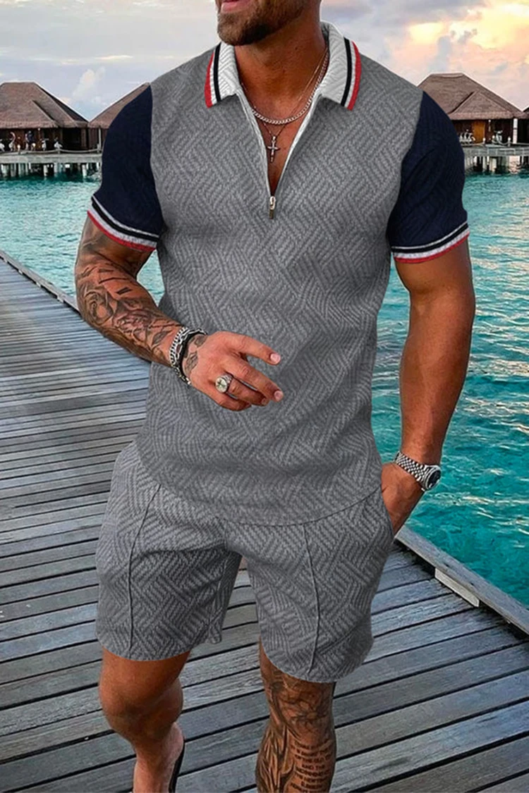 Herren Sommer lässig Polos hirt Set männliche Mode Trainings anzug einfarbig Anzug Trun Down Kragen Reiß verschluss Kleidung Vintage Outfit – Detail 15