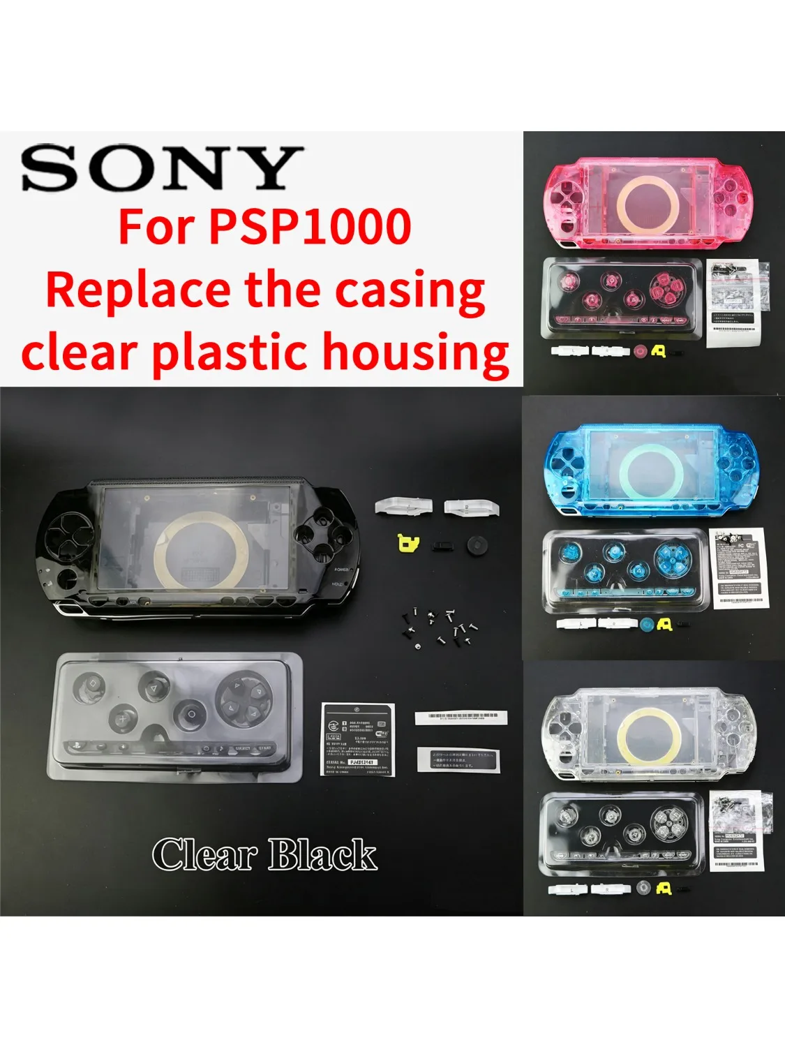 Obudowa zamienna do Sony PSP1000, przezroczysta pełna obudowa, zestaw części do samodzielnej naprawy, zestaw do wymiany obudowy konsoli. — 2