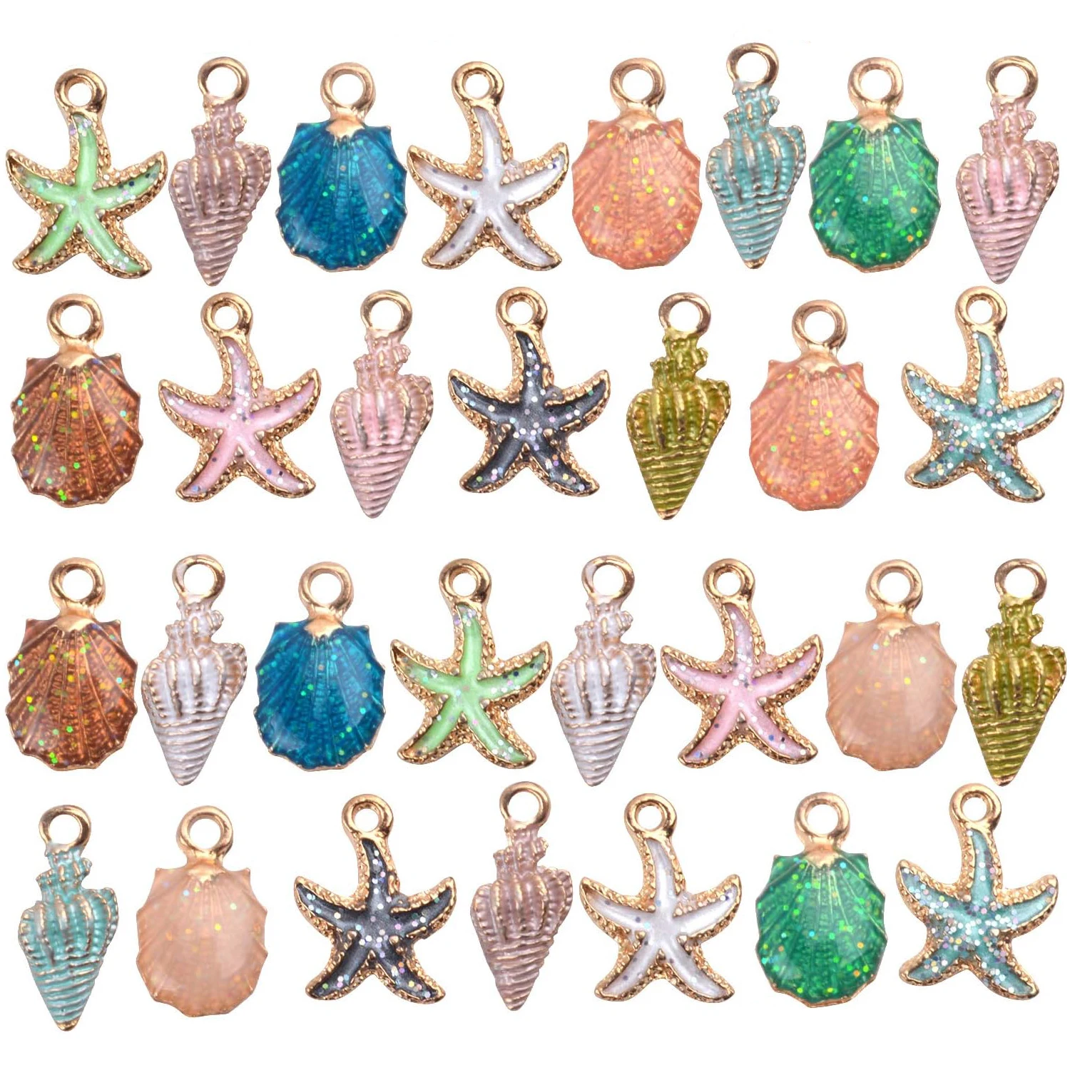 

30pcs Assorted Charm Pendants Lovely Gold Plated Enamel Marine Life Shell Starfish Conch Mixed for Jewelry Making
