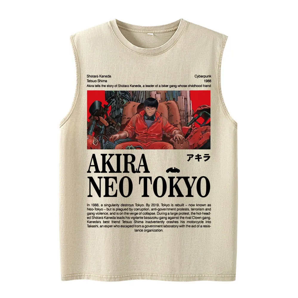 Japanischer Anime Akira Shotaro Kaneda Grafik-Print Gewaschene Tanktops für Männer und Frauen, Baumwoll-Ärmellose Westen-T-Shirts, Streetwear – Detail 4