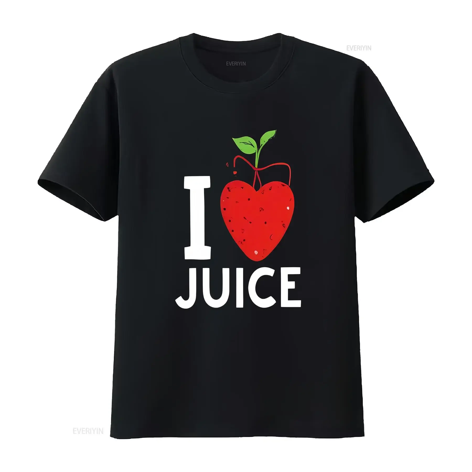 Black T Shirt with I Love Juice Red Strawberry Heart Design vintage Washed Stylish Slightly homme Top For Everyday Wear Soft
