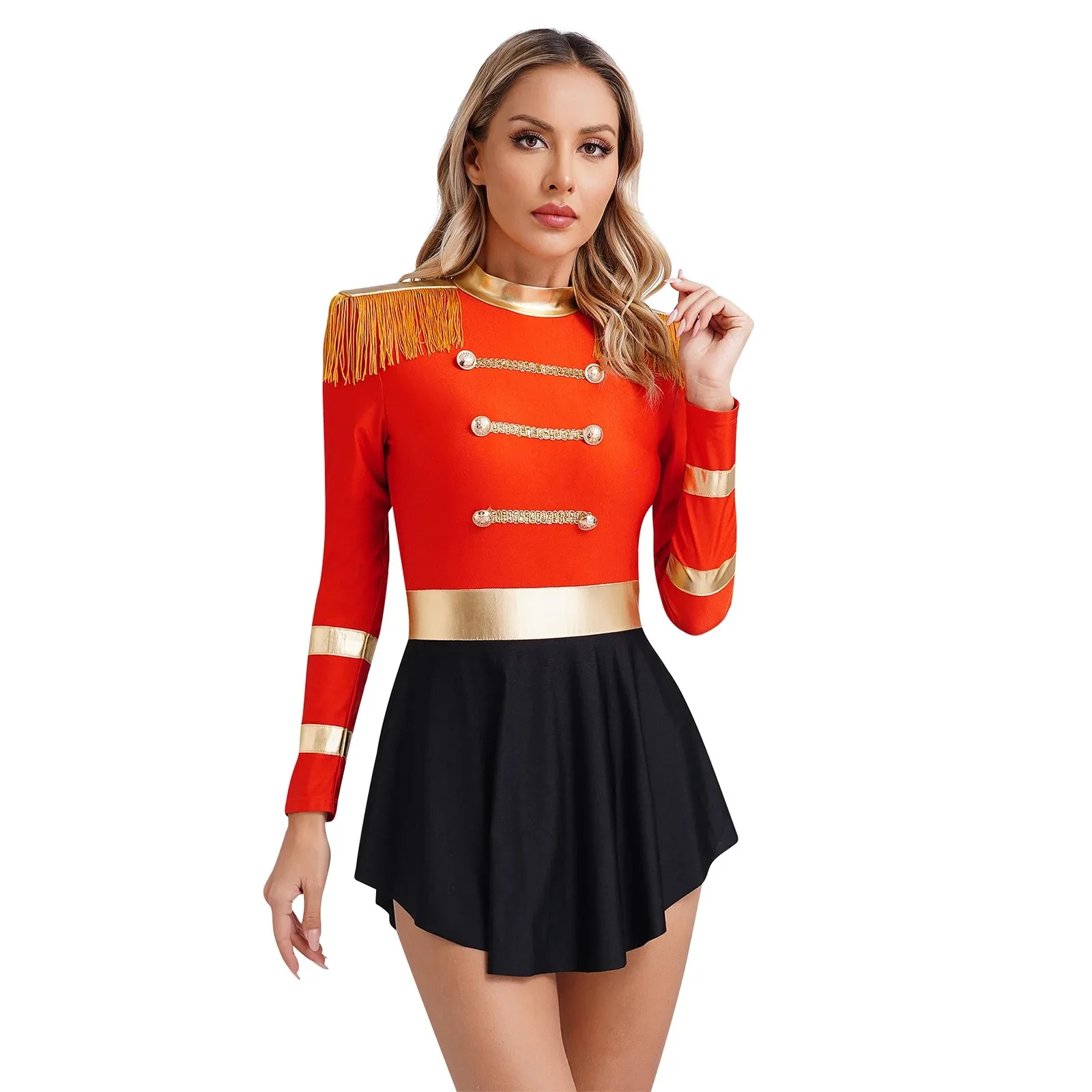 Red Womens Circus Cosplay Costumes Ringmaster Bodysuit Dress Fringe Shoulder Boards Keyhole Long Sleeve Dress