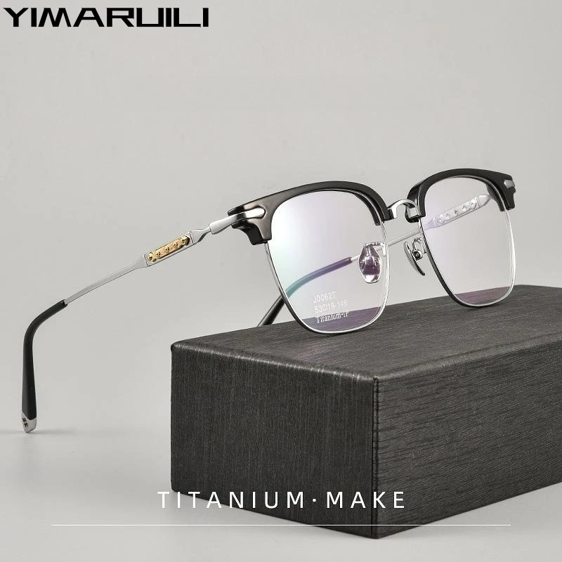 YIMARUILI 2023 New Fashion Business Luxury Pure Titanium Eyewear Retro Round Optical Prescription Eyeglasses Frame Men J0062T