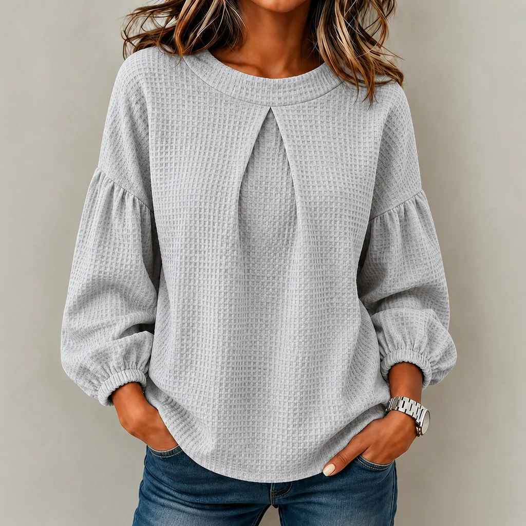 Women's Waffle Long Sleeve Top, Lantern Sleeve Blouse, Pleated Crew Neck Shirt, Loose Soft, Casual Commute, Autumn Must‑have