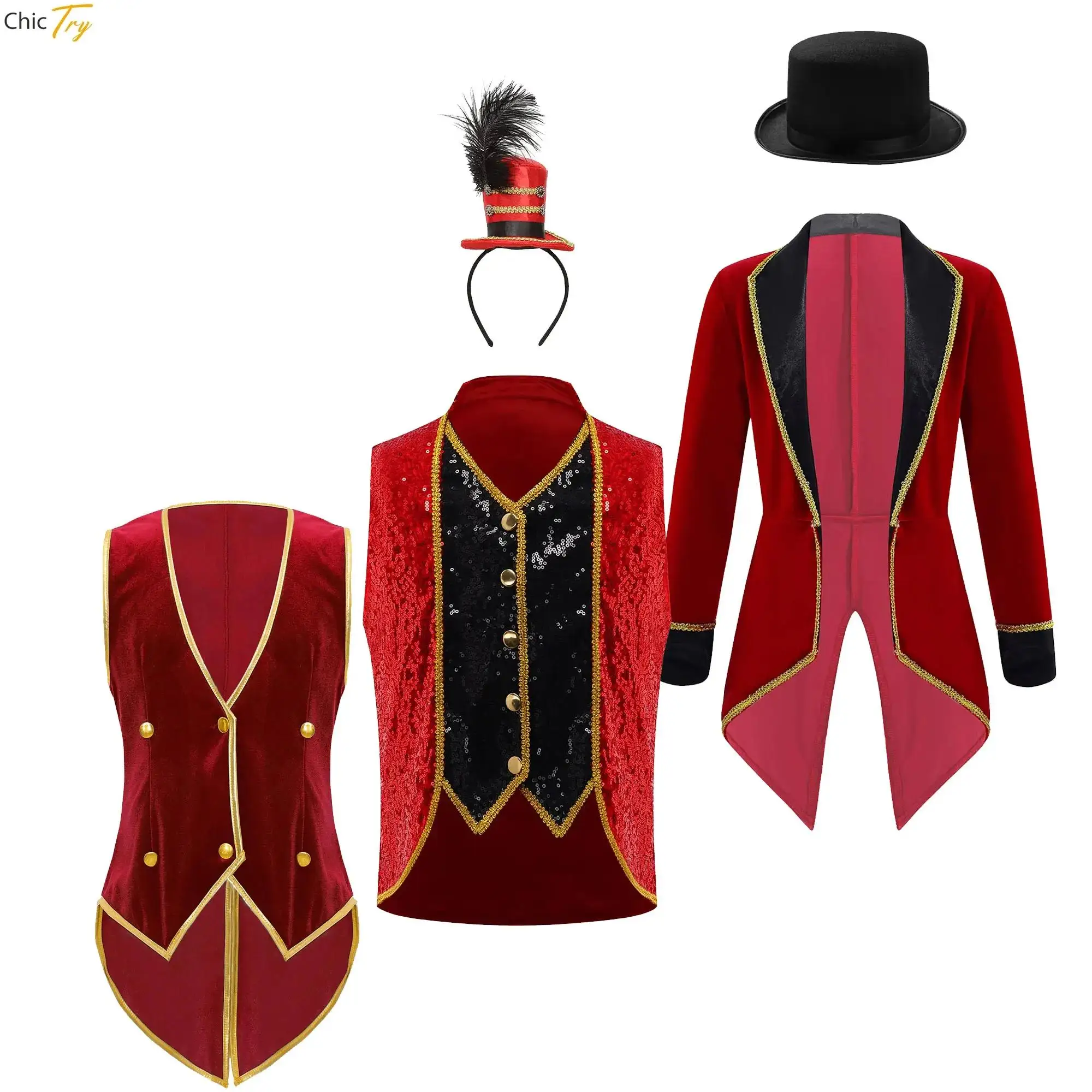 

Circus Magician Drum Band Cosplay Performance Outfits Jazz Dance Outfit Sequins Sleeveless Vest + Mini Top Hat Feather Headband