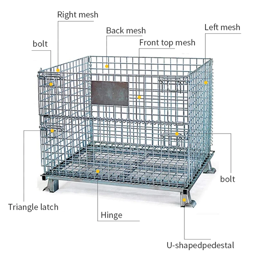 Steel Foldable Wire Mesh Rolling Storage Pallet Cage Box Wire Container For Warehouse