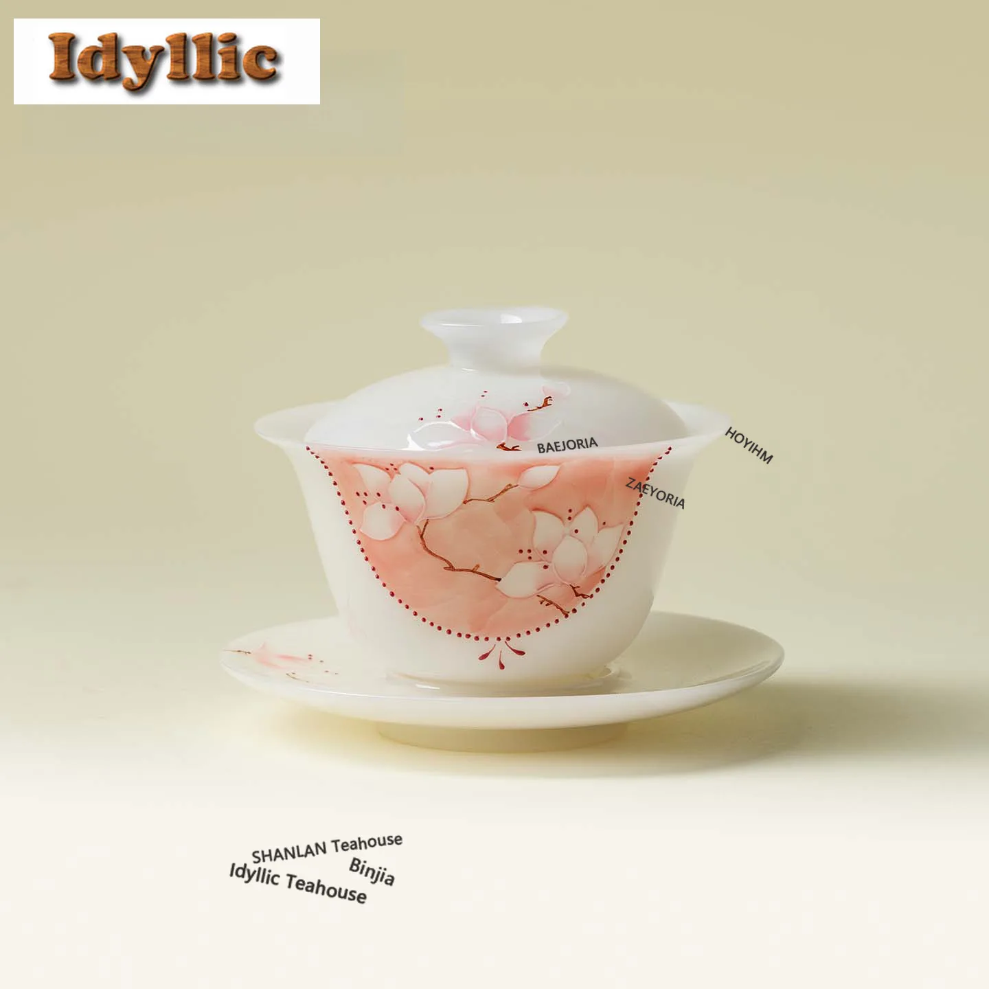 HOYIHM 130ml Unprocessed Jade Hand-painted Yulan Gaiwan Ancient Tea Tureen Tea Bowl With Lid Kit Tea Brewing Cover Bowl For Tea