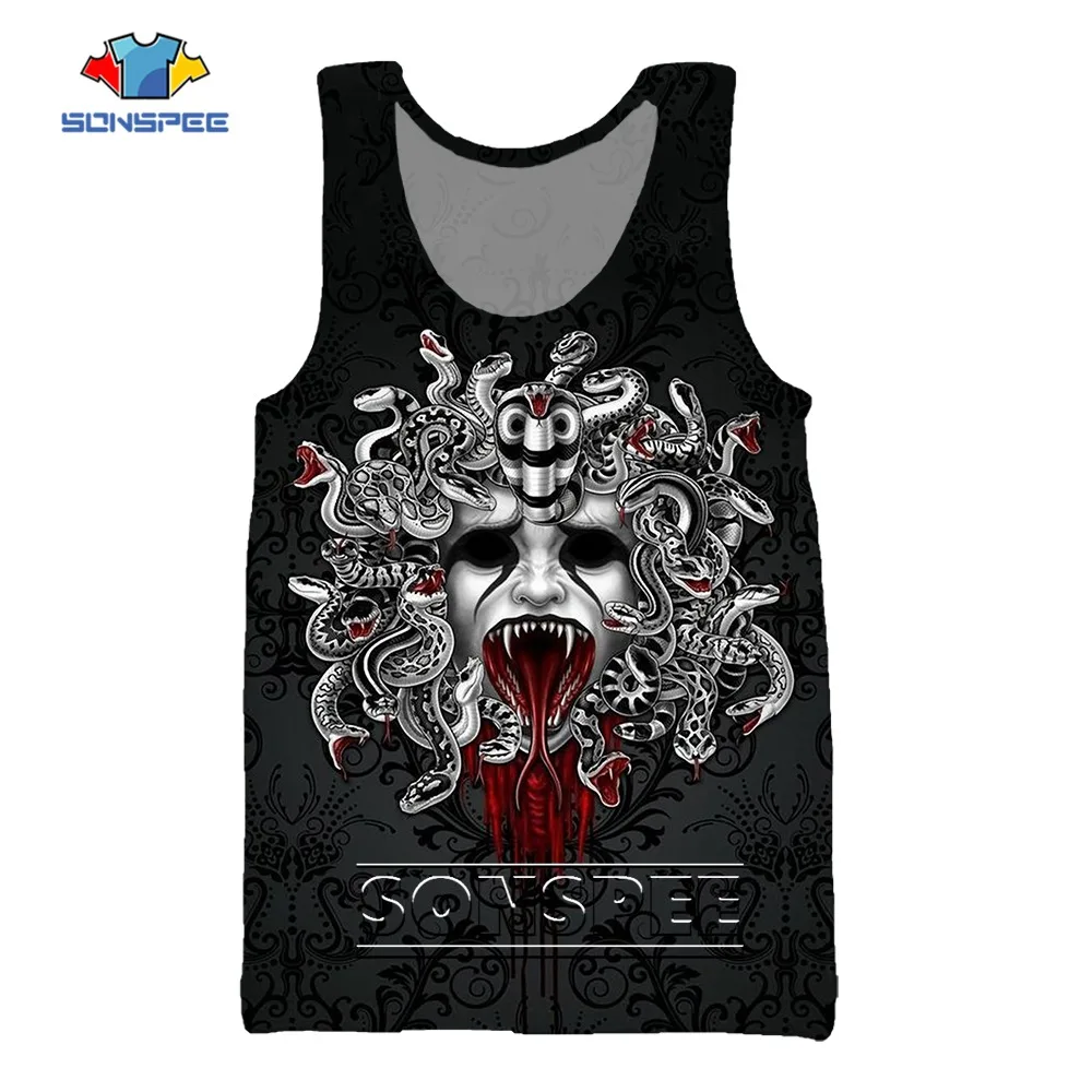 SONSPEE Black Horror Medusa Harajuku Funny 3D Printing Sleeveless Vest Men Women Gament Oversize Bloody Snake Monster Tank Tops