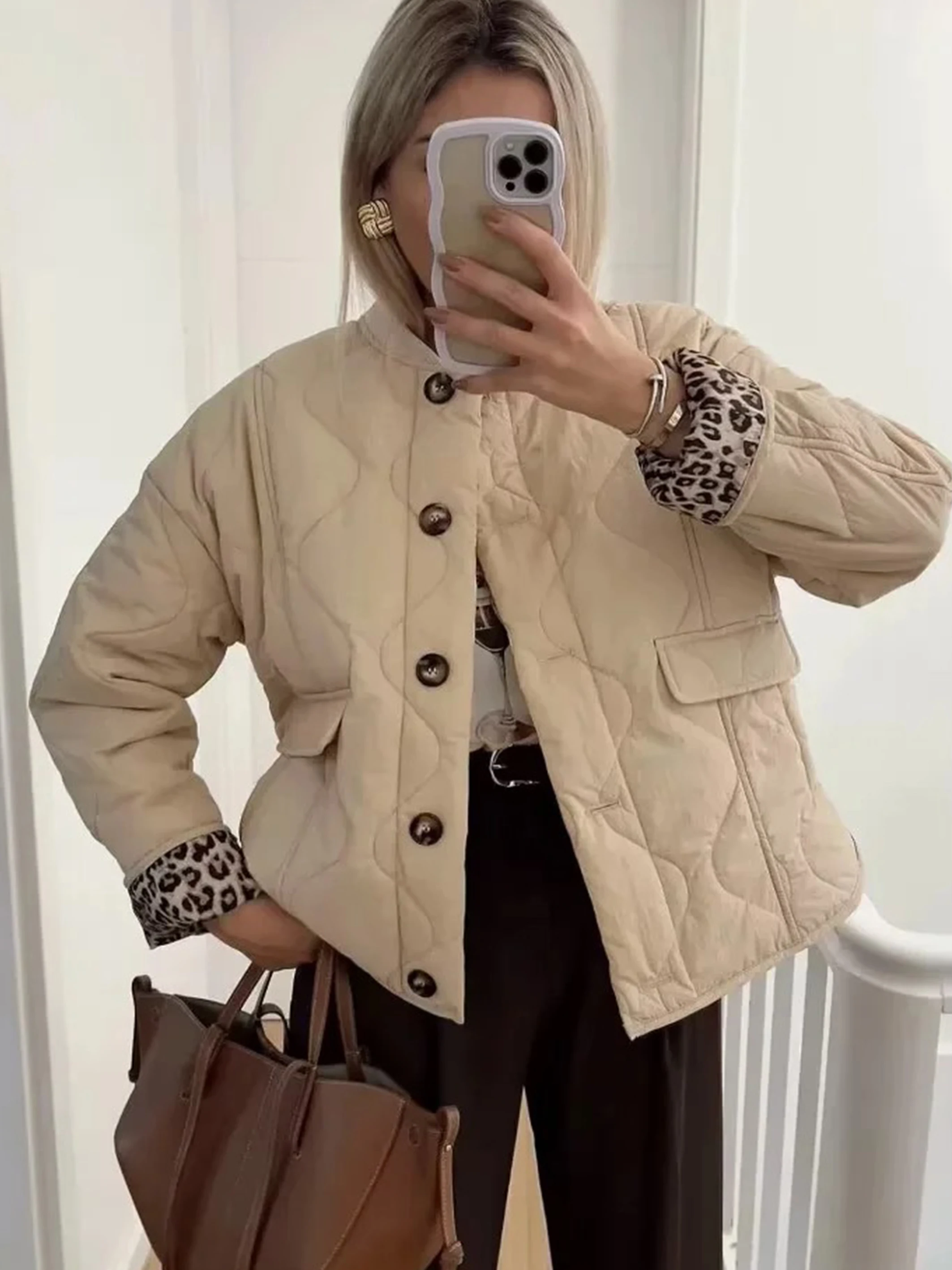 المرأة الجديدة المألوف واحدة الصدر جيب مبطن سترة قطن ليوبارد طباعة المرأة ملابس خارجية نمط الشارع كم طويل