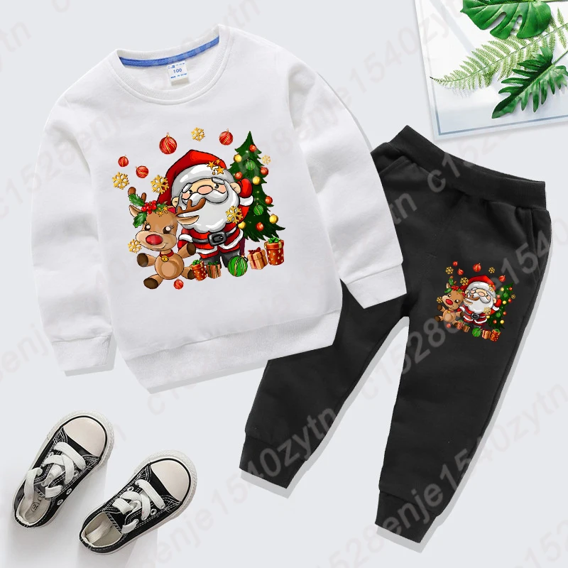 Santa Claus & Reindeer & Christmas Tree Graphic Print Sweatshirt Sets, Cute Cartoon Girls Comfy Clothes For Christmas As Gifts