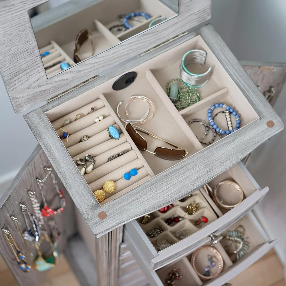 خزانة المجوهرات الدائمة - منظم خشبي كبير بـ 7 أدراج مع مرآة وأبواب جانبية ومضاد للتشويه - HOME #3