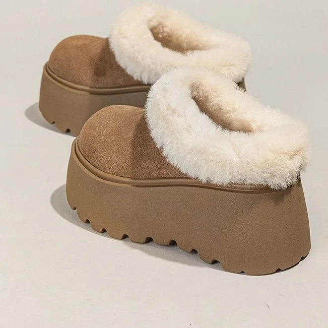 Chinelos Femininos de Inverno com Sola Grossa e Forro de Lã, Estilo Casual, para Uso Interno e Externo