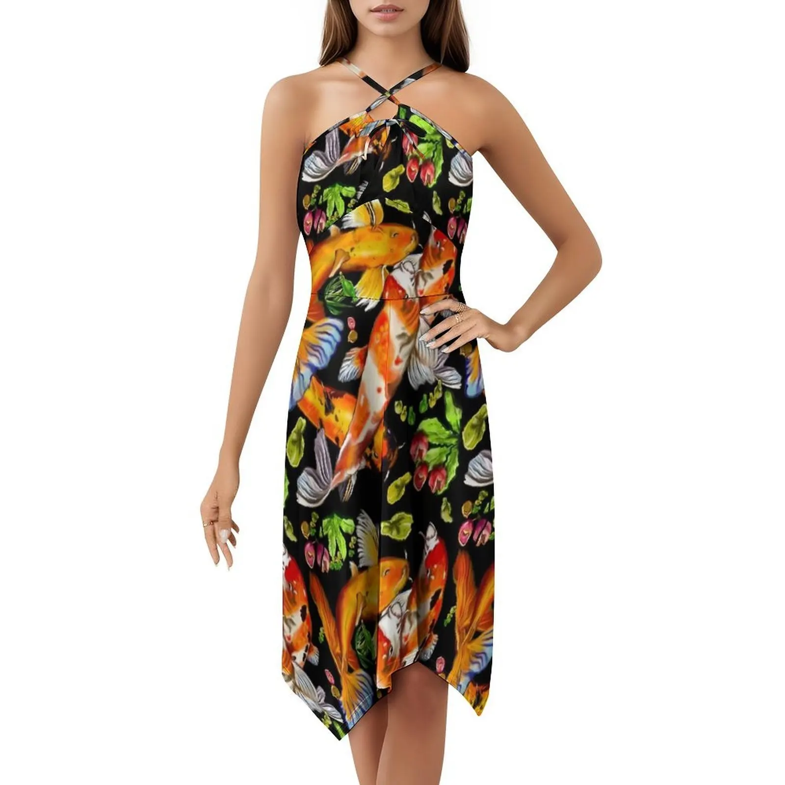 أفضل هدايا لصيد الأسماك لمحبي الأسماك 2022. فستان كوي فيش بوهيمي بدون أكمام متعدد الطباعات لحفلات العطلات على الشاطئ كوي كوي فيش #5