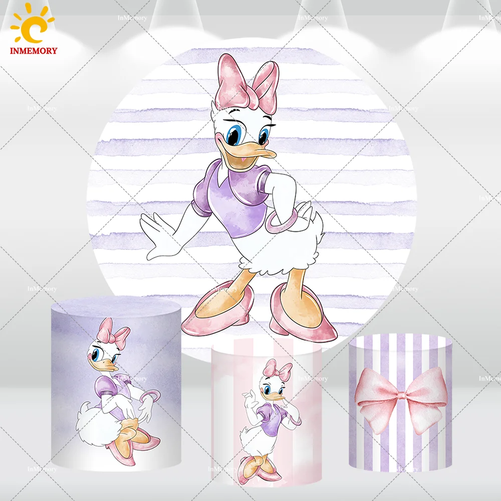 Dsiney-capa redonda para chuveiro de bebê, pato margarida, pastel, listras roxas, fundo Photobooth para meninas