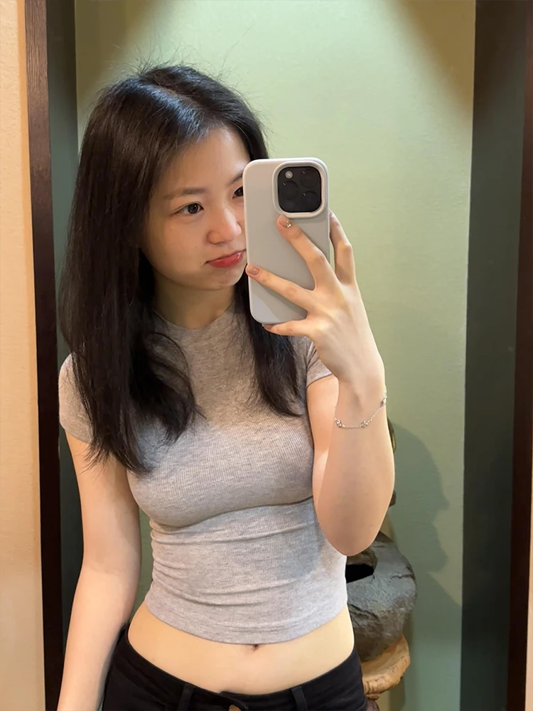 

ay Elastic Slim Fit ort Sve round Ne T-irt Women Summer Small Size Illusory Thin ort Sle Base Top irt