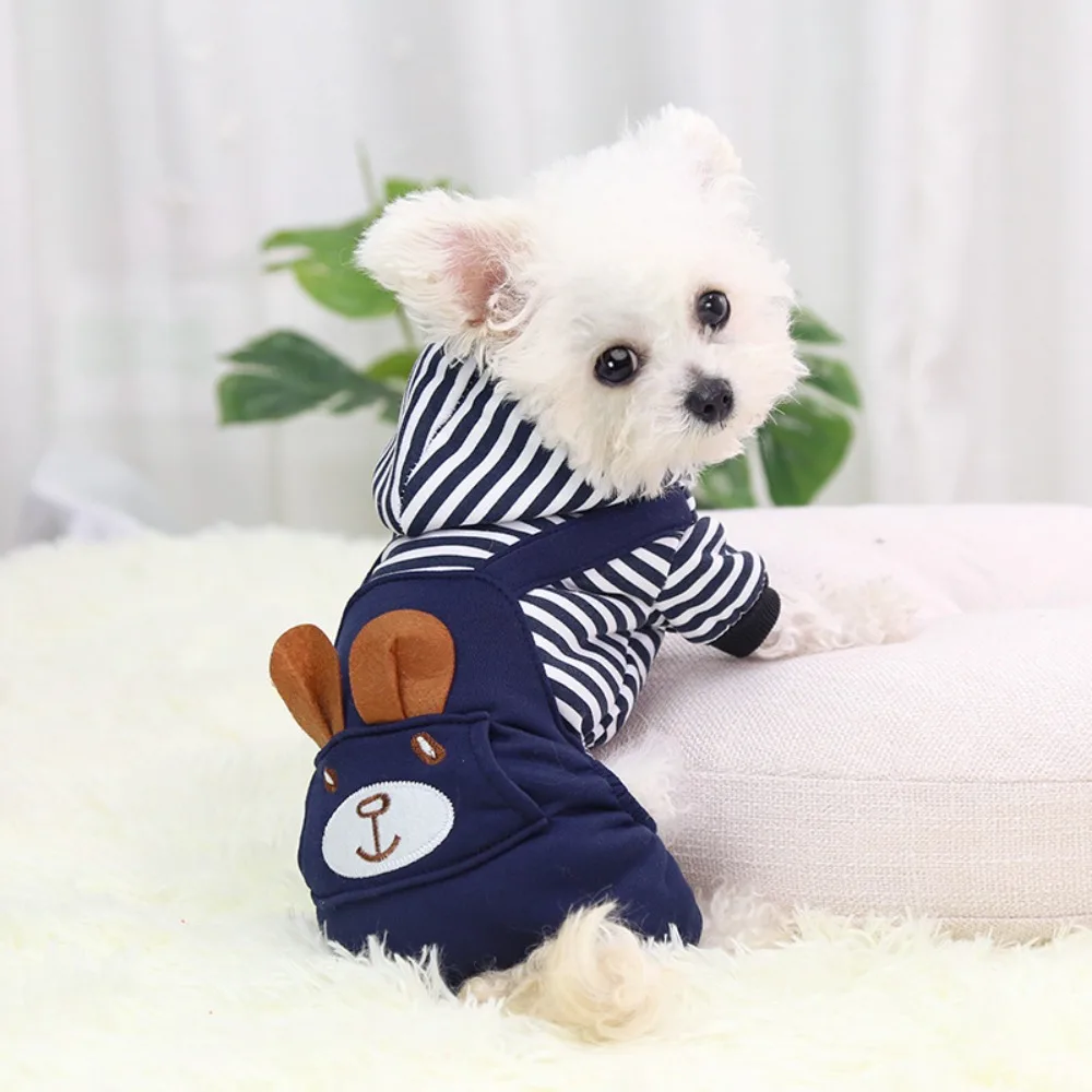 

Casual Cartoon Bear Printed Puppy Cat Clothing Warm Jumpsuit Dog Pullover Hoodie Striped Thickened Pet Clothes Small Dogs