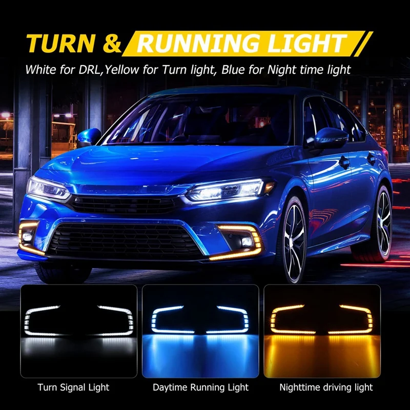 LED Daytime Running Lights For Honda Civic 11Th Gen 2021-2024 Turn Signal Lights Fog Lights Tri-Colors