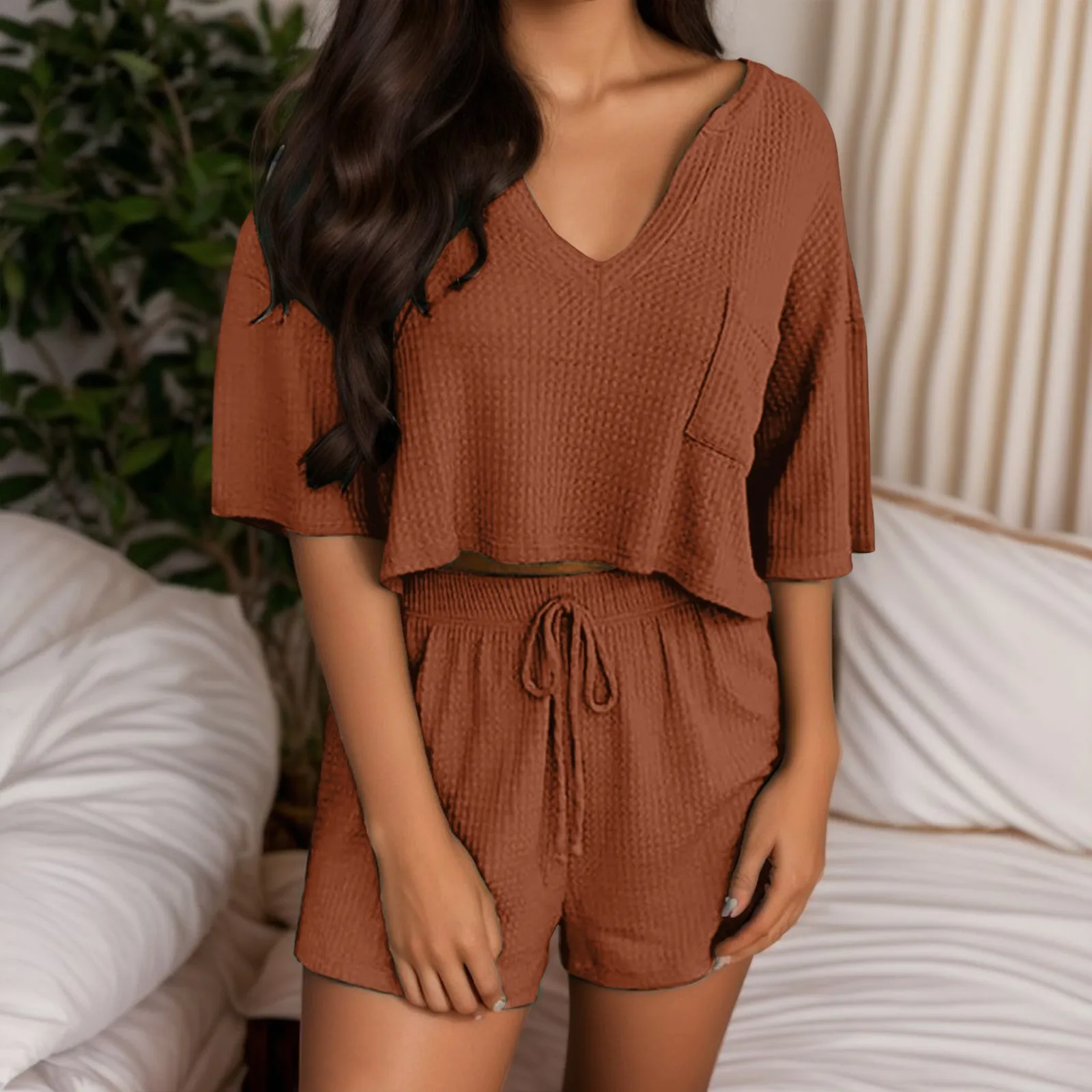 Streetwear Casual Sets Short Sleeves Solid Color Crop Top 2 Piece Set Women Pajama Sets Fashion Knit Top and Shorts Set Clothes