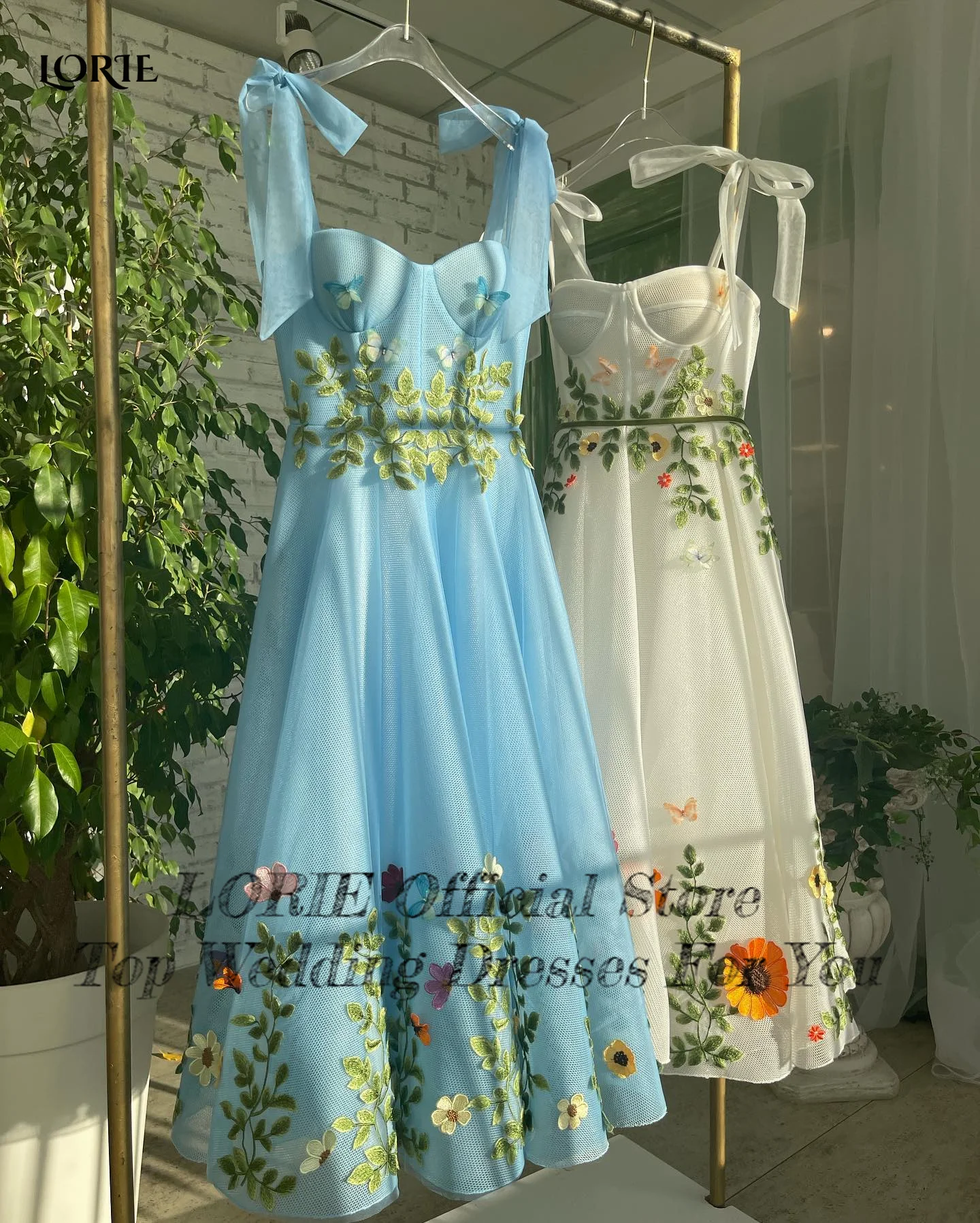 LORIE Spring Leaves Lace A-Line Foraml Party Dresses Bow Ribbons Straps Flowers Prom Gowns Ankle-Length Appliques Evening Gown