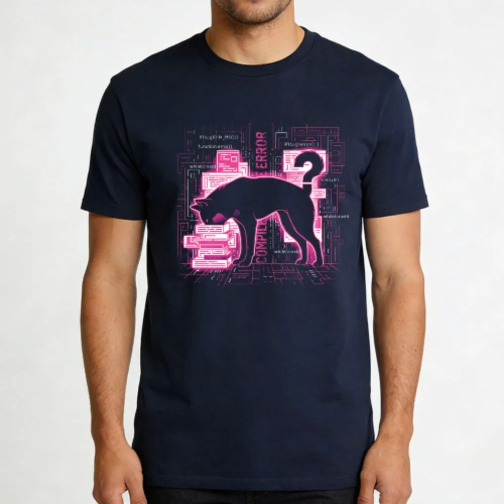 ompile Error Neon Cat Funny Programmer Meme Cool Cat Tech Humor Casual Cotton Short Sleeve Crew Neck Graphic T-Shirt