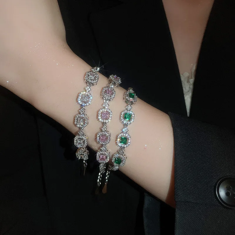 

Romantic Pink/Green/Clear Square Zircon Bracelet for Women Fashion Holiday Casual Accessories
