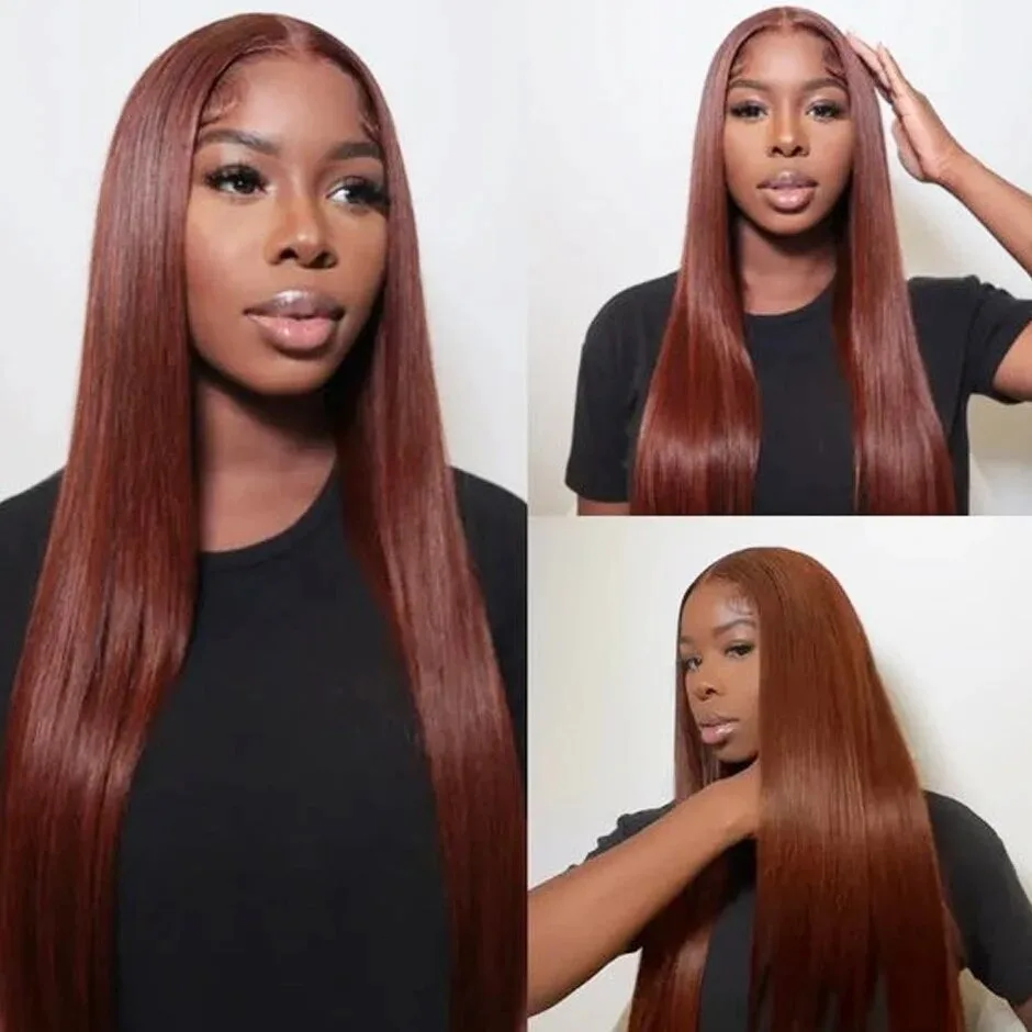 Reddish Brown 4x4 Lace Closure Human Hair Wig Bone Straight Dark Red Brown Pre Plucked Transparent Lace Wig Peruvian Hair