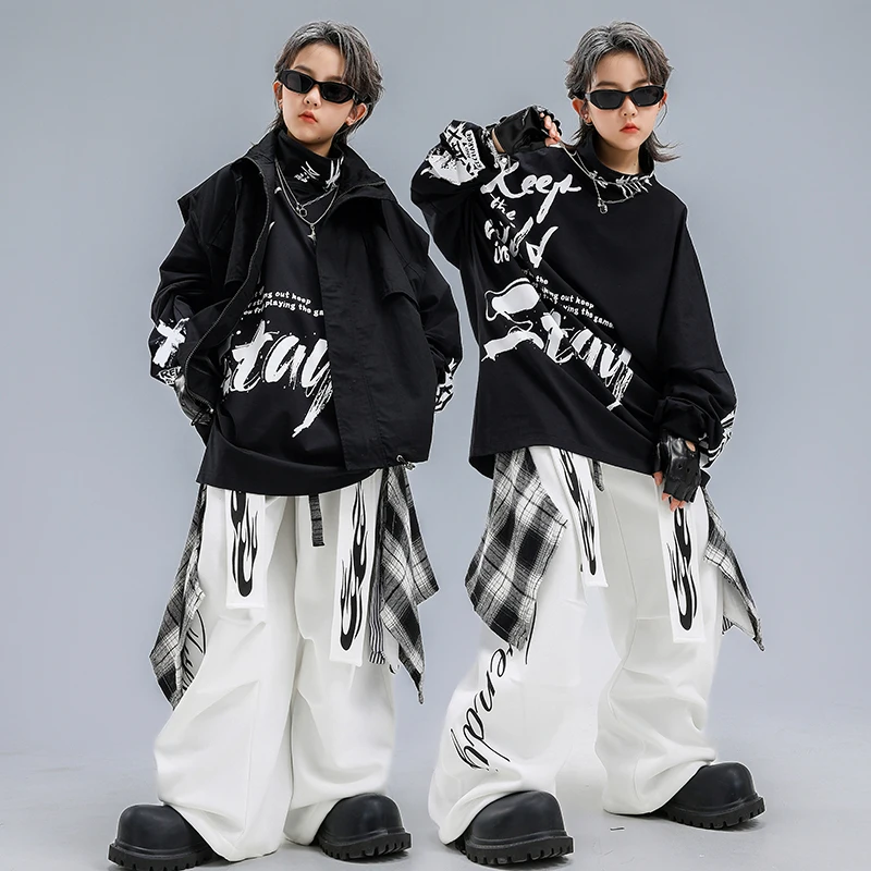 쿨 키드 힙합 댄스 의상 블랙 오버사이즈 탑 화이트 배기 팬츠 청소년 스트리트 댄스 의류 학교 공연 재즈 의상 VDL4733
