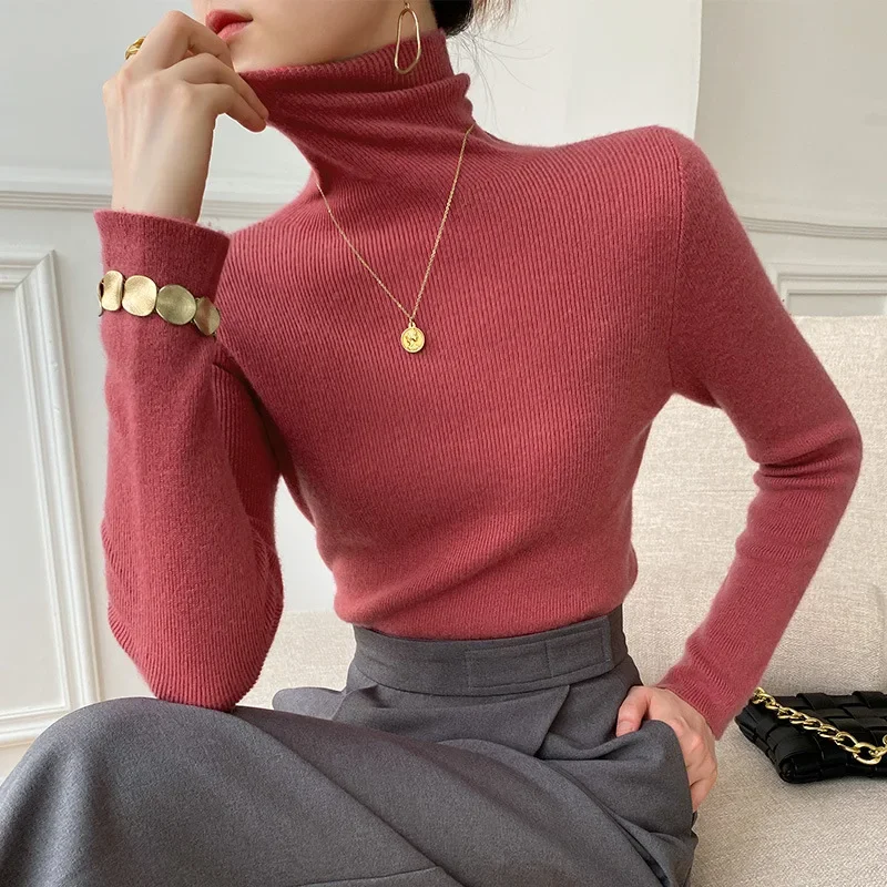 Sweater wanita musim dingin, Sweater wanita kasmir Turtleneck hangat rajut Korea kasual Solid Bottoming kemeja Fashion rajut pullover Sweater coklat