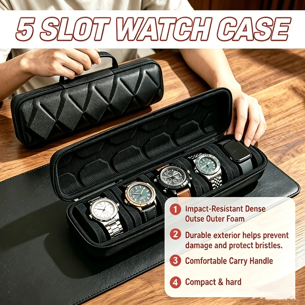 5-Compartment Hard-Shell Watch Travel Case, Portable Watch Storage Box with Soft Padding and Handles, Suitable for Men's and Women's Watches