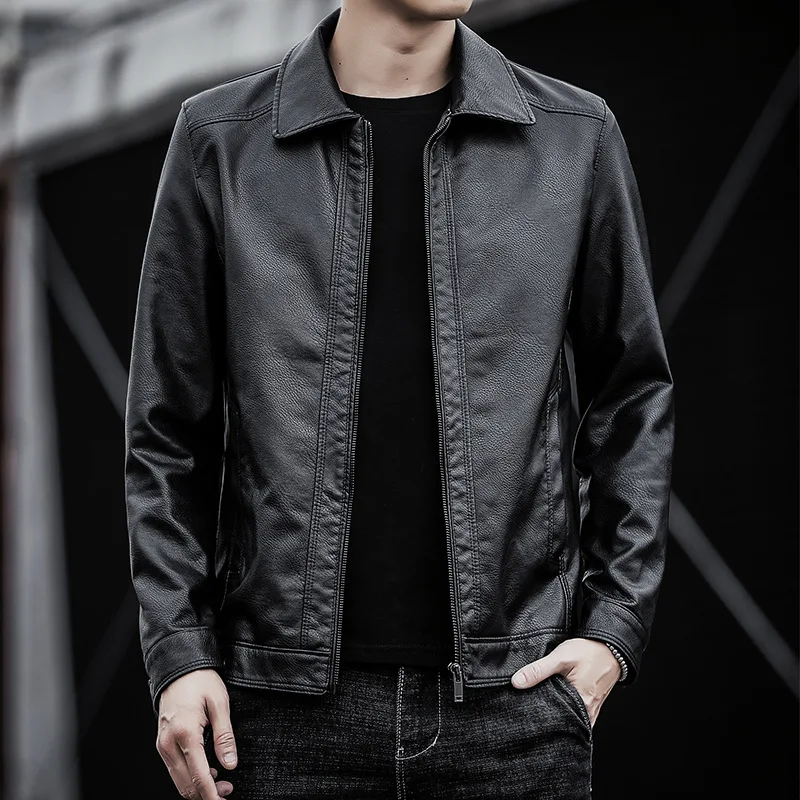 Men's Casual Business Trendy Simple Basic Solid Color Faux Leather Jackets Spring Autumn New Fashion Male Clothes Coats Tops