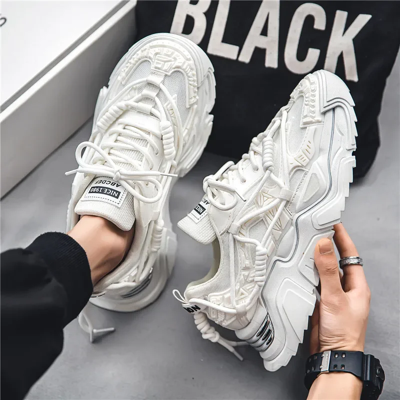 Men's Running Chunky Platform Shoes Comfortable Sneakers Korean Style Solid Colour Lace-up Casual Trainers Zapatillas De Hombre