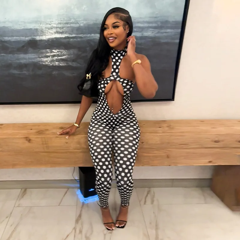 STYLISH LADY Polka Dot Print Halter Jumpsuit Sexy Backless Cutout Bodycon Jumpsuit 2026 Women Summer Party Clubwear