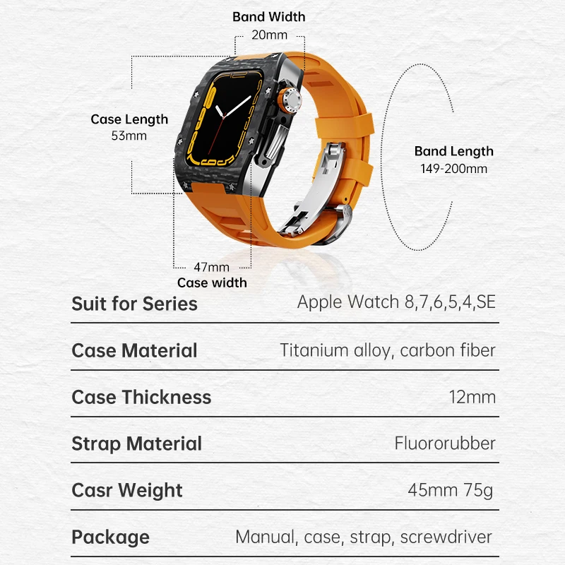 フルオロカーボンファイバー製の時計ケース,ストラップ付き,頑丈なケース,シリーズiwatch 8 7 6 5 4 se,ファッショナブル,45mm