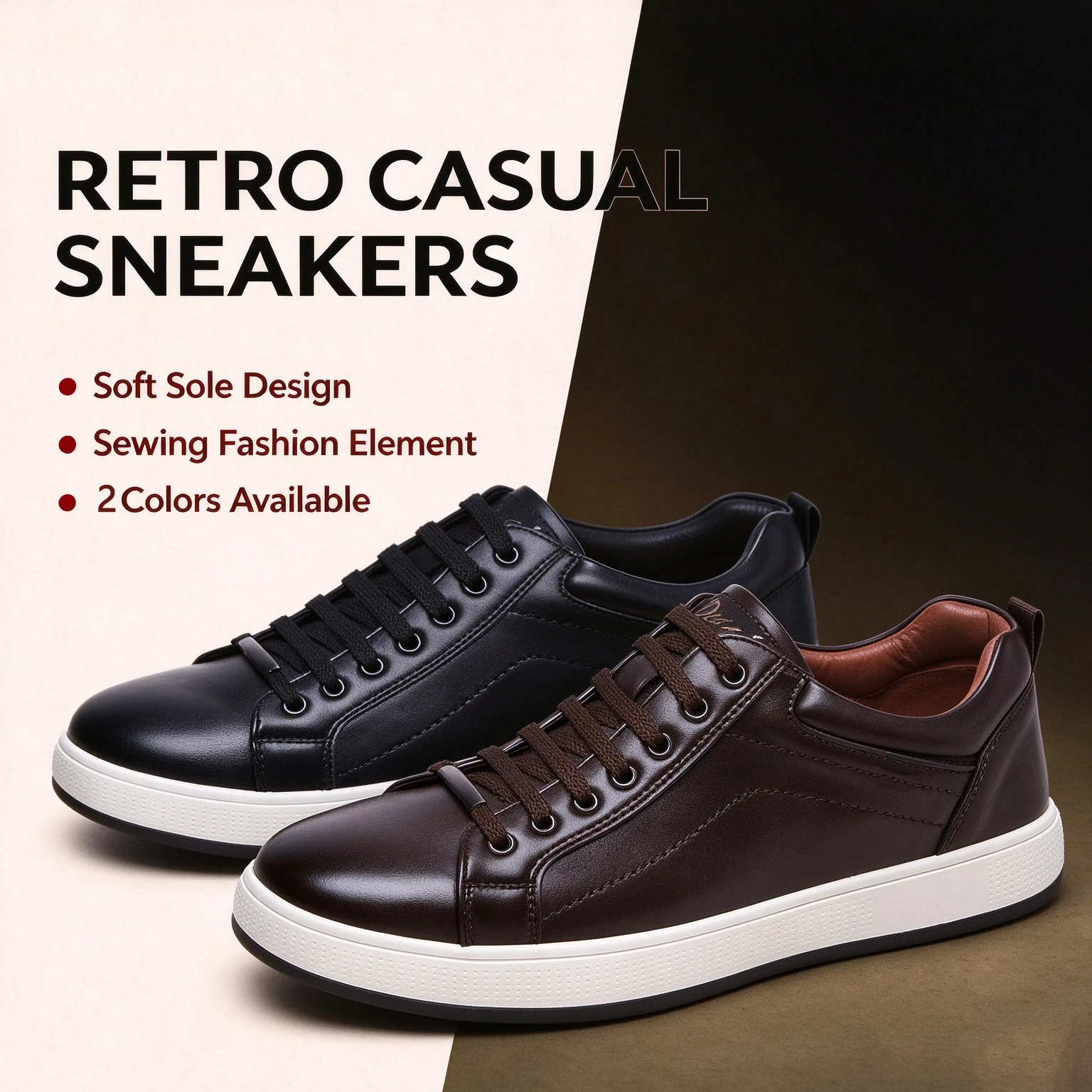 Men's Fashion Business Casual Sneakers, Round Toe Lace-up Skate Shoes, Wear-resistant Versatile Soft Sole Trendy Classic Leather