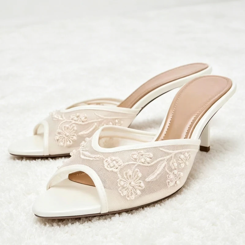 

2026 String Bead Mesh Embroider Slingback High Heels Women Sexy Peep Toe Heeled Sandals Summer Elegant Luxury Designer Shoes