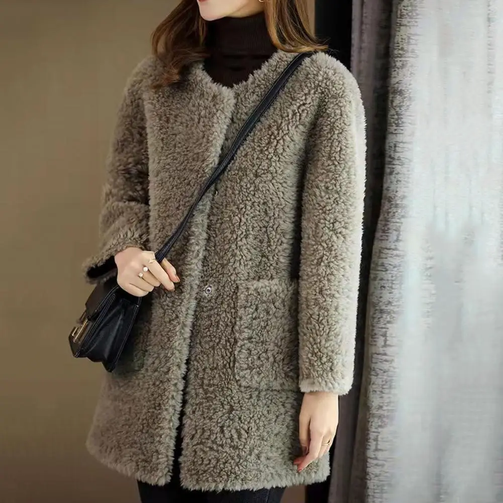 Round Neck Women Coat Cozy Women's Winter Coat Double-sided Plush Thermal Cardigan with Windproof Design Long Sleeve Pockets