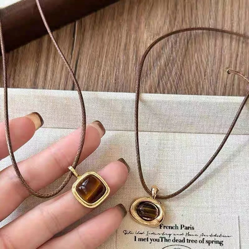 Fashion Silver Color Bowknot Drawstring Long Tassel Necklace for Women Brown Tiger Eye Stone Pendant Sweater Chain Party Jewelry